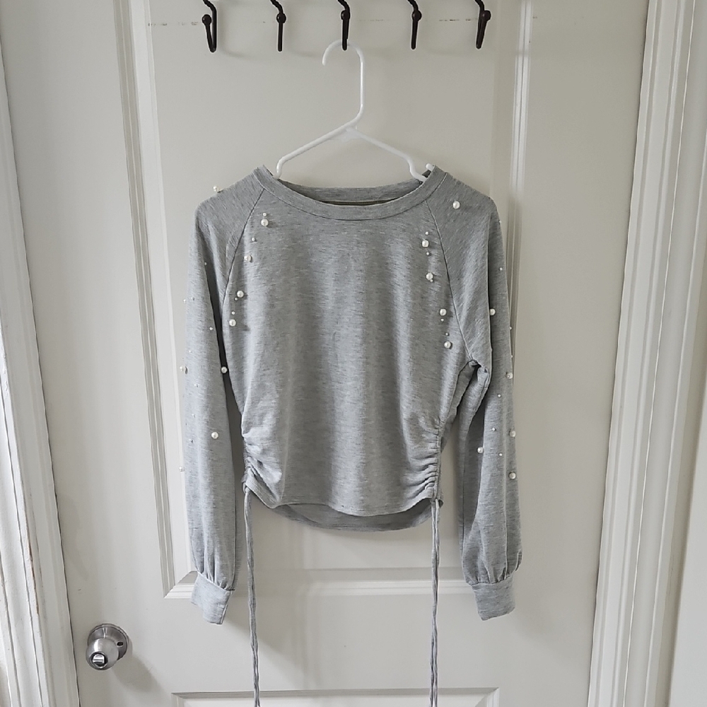 Pearl-Detail Light Gray Women's Drawstring Sweatshirt